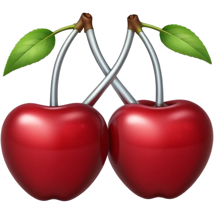 A pair of cherries emoji made of polished silver chrome, smooth rounded shapes, glossy metallic finish, soft highlights and reflections, cute proportions, iOS emoji style, centered, clean white background, no text emoji