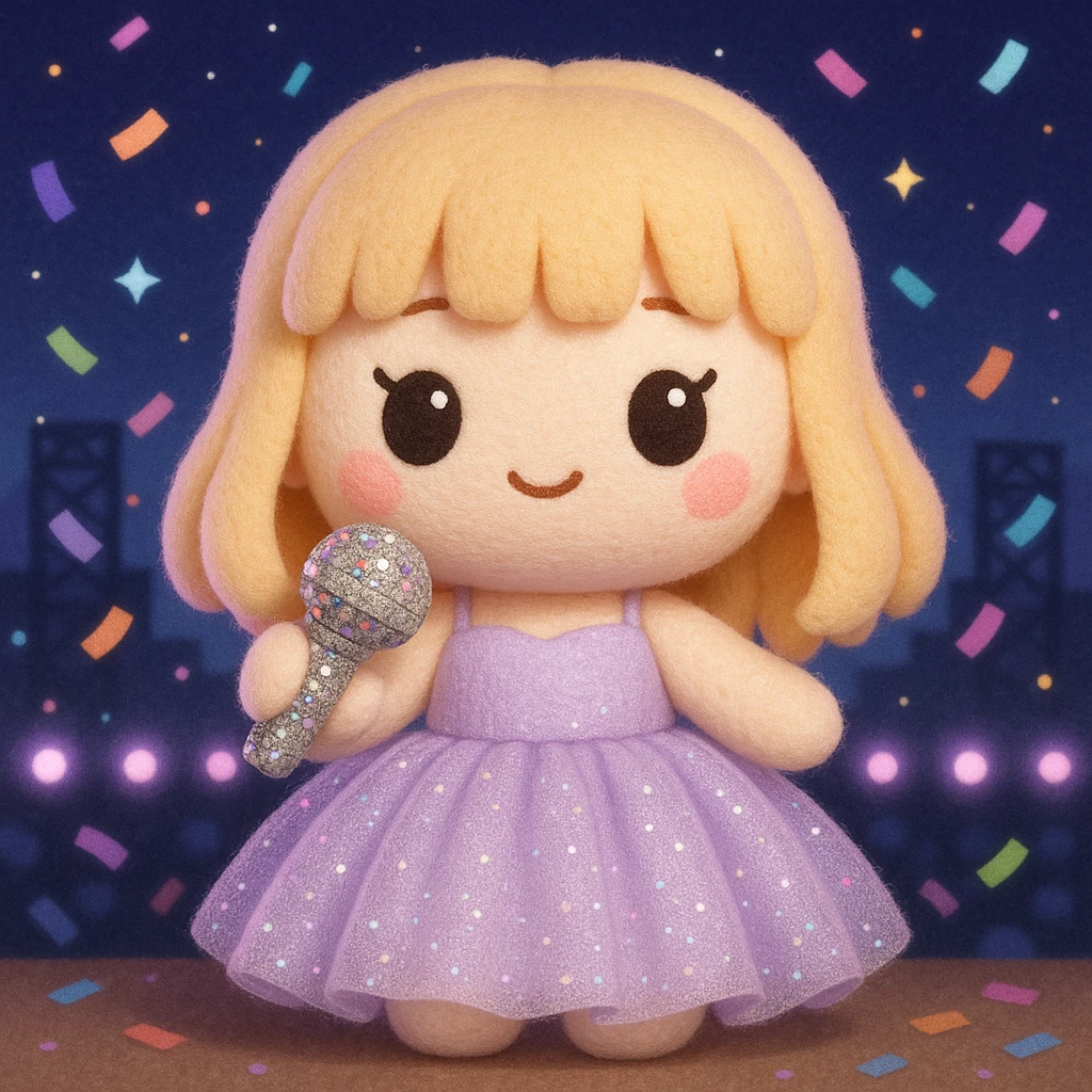 Pretty and girly Blonde pop star with bangs wearing a sparkly tulle light purple ballgown, holding a bedazzled microphone, reimagined as a soft kawaii plushie doll, with a nighttime concert backdrop with colorful confetti emoji