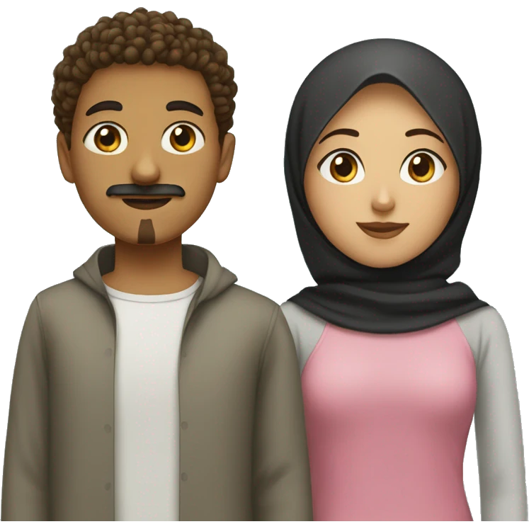 brown teen with short curly hair and goatee and moustache standing and black eyes next to a girl wearing a hijab emoji
