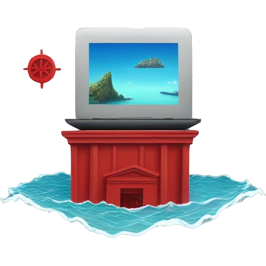 laptop and red shrine in the middle of the ocean emoji