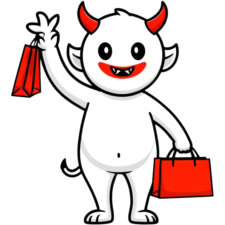 Devil character with shopping bags, excited about shopping emoji