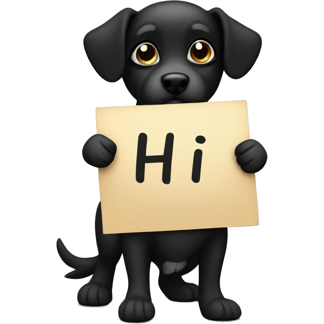 black mini dog holding a sign with the inscription ''hi” emoji