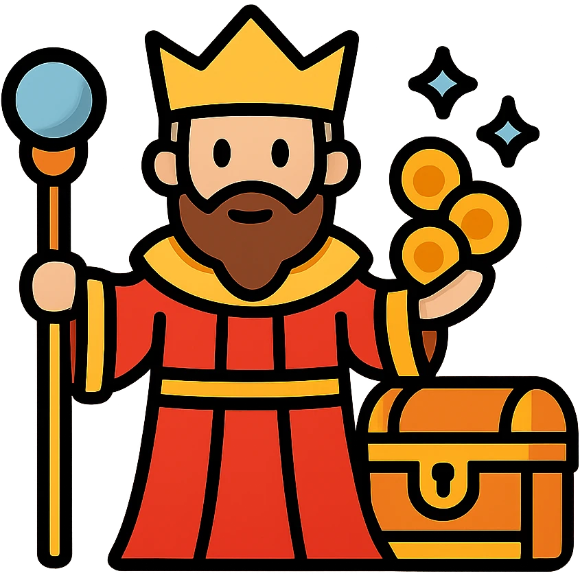 Fantasy guild master CEO in red robes with gold coins and magical staff. RPG style business leader with crown and treasure chest. emoji