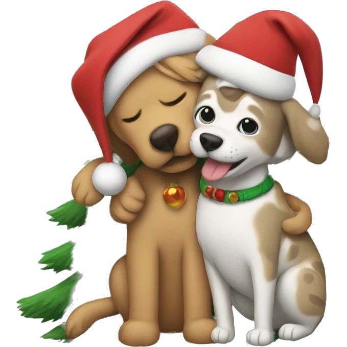Dog and cat hugging under a Christmas tree emoji