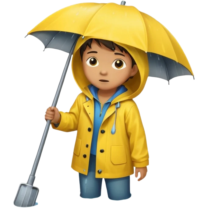 Enfant a caouet jaune se penchant vers un égout et il pleut emoji