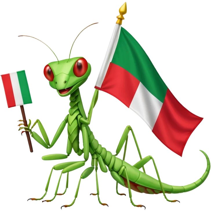 A happy praying mantis holding and a Italian and Myanmar flag  emoji