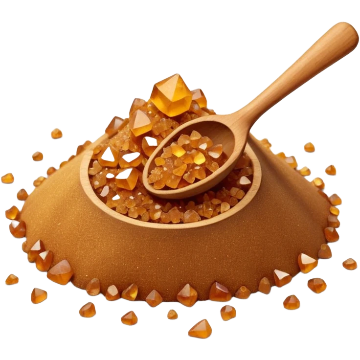 mound of brown sugar, golden to amber, coarse and irregular crystals, a few scattered crystals at base, with a small wooden spoon partially dipped in, clean, 3D, soft shadows, natural organic texture, no cartoon or anthropomorphic features, no packaging, no bowl, transparent background, emoji scale emoji
