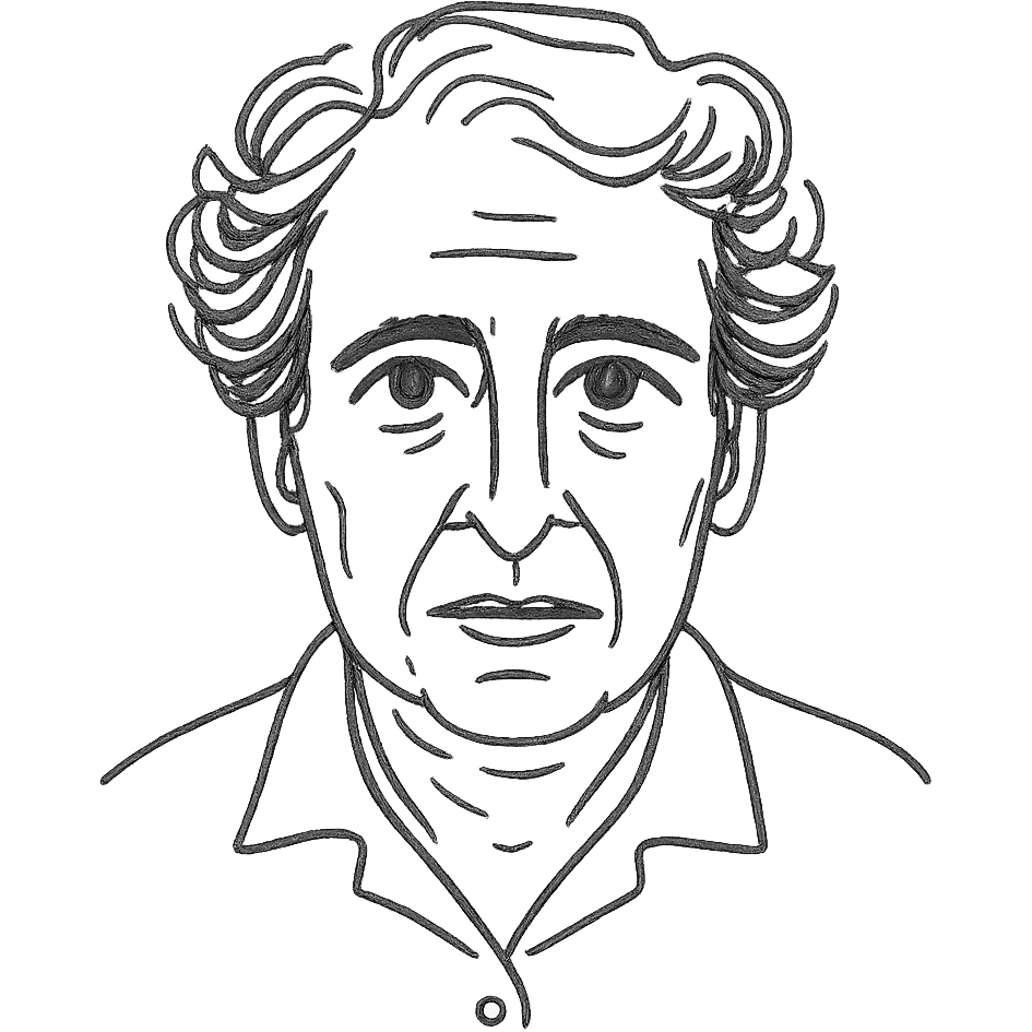 a hand drawn black outline portrait of Hannah Arendt with similar size eyes emoji