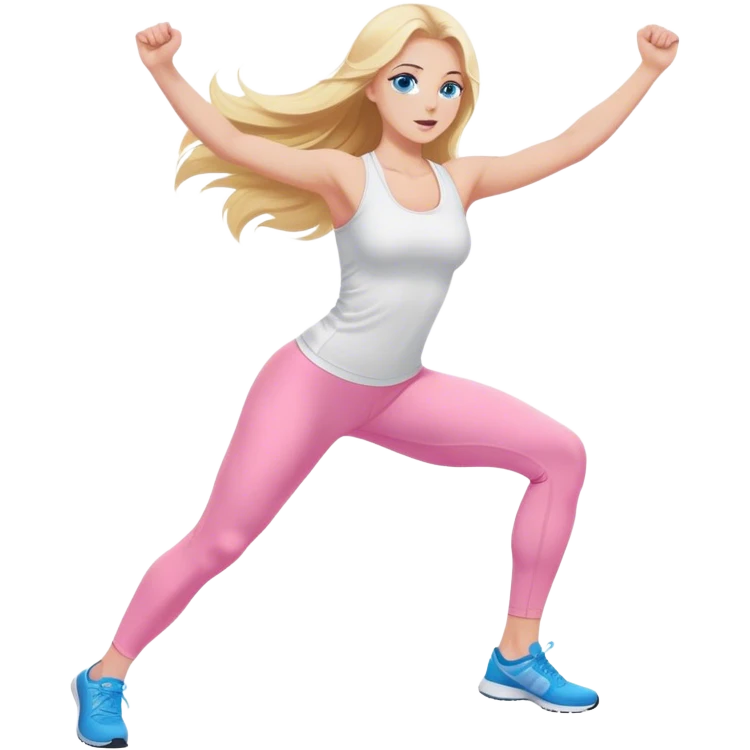 A cinematically realistic blonde with long hair and blue eyes, dressed in a white top and pink leggings, performs a sports exercise emoji