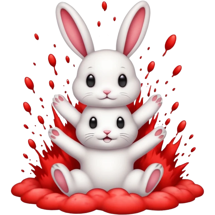 a cute little fluffy bunny is jumping on top of another cute fluffy bunny. the bottom bunny is exploding in a cloud of splatter. similar to the game jump and bump. simplified, minimalistic, emoji style. emoji