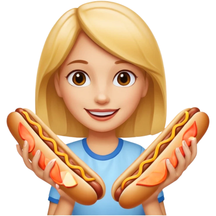 A girl holding two hot dogs, smiling proudly before eating.






















 emoji