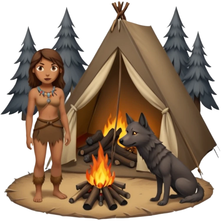 a NEANDERTHAL WOMAN WITH BROWN HAIR STANDING BY A FIRE AND TENT WITH BLACK WOLF emoji
