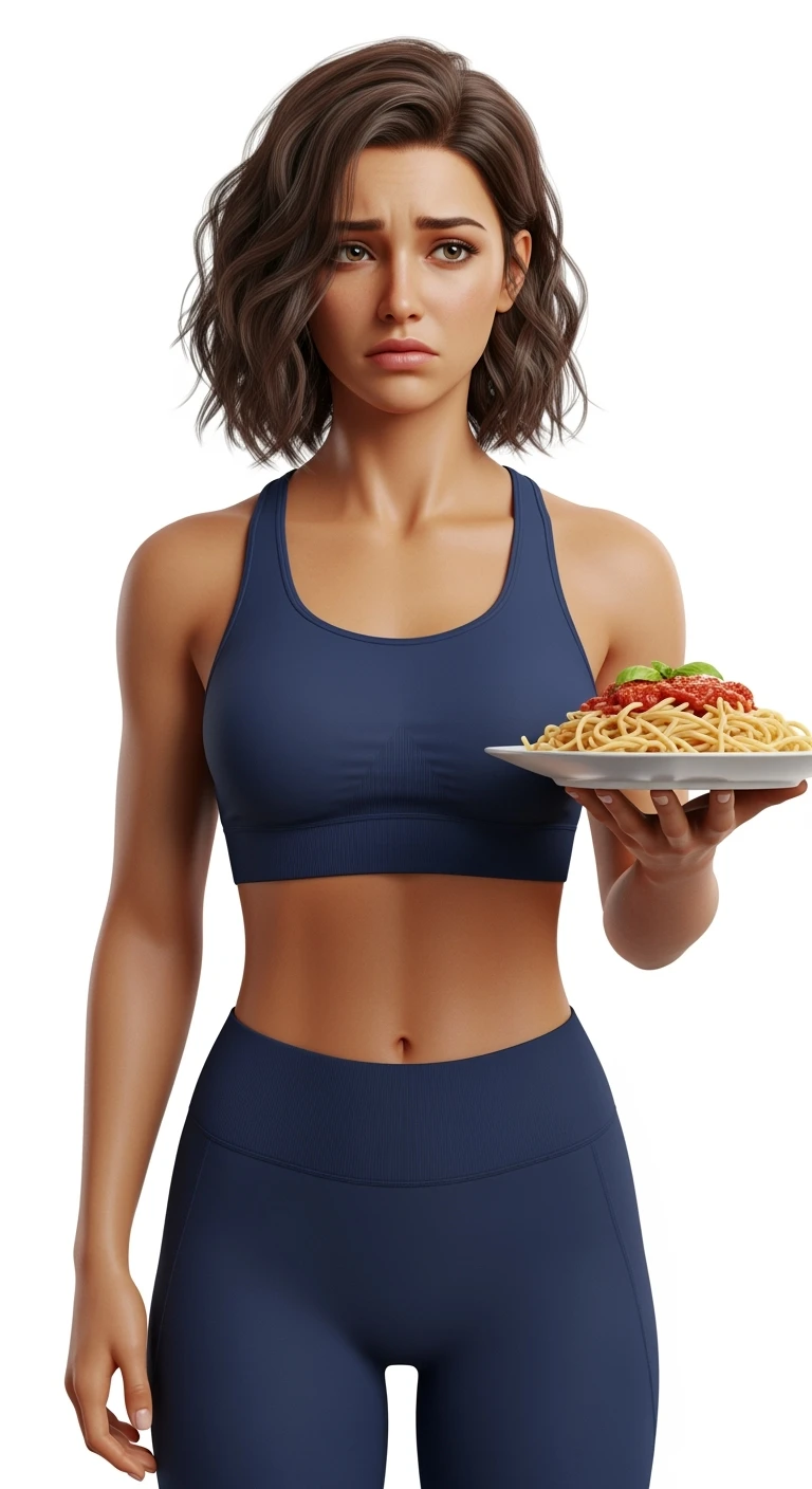 DONNA FITNESS ITALIANA CON PIATTO DI PASTA IN MANO ED ESPRESSIONE DISPIACIUTA IN VOLTO, REALISTICA 4K, ISOLATA SU SFONDO BIANCO emoji