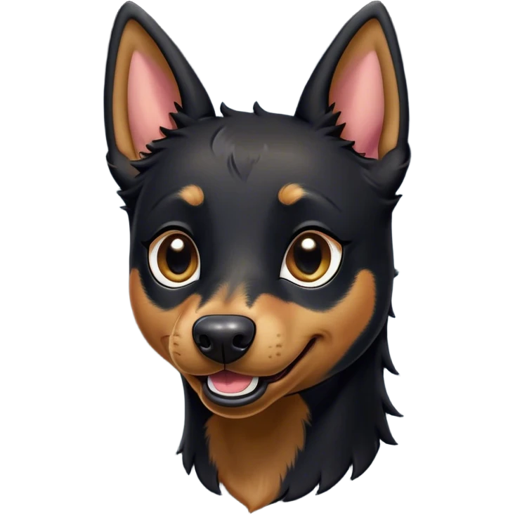 Cinematic Comical Black and Tan Kelpie Portrait Emoji, Head tilted dramatically with an exaggeratedly amused expression, featuring a striking black Fur with bold tan patches, wide, expressive dark eyes filled with playful disbelief, Simplified yet hilariously expressive features, highly detailed, glowing with a slightly sassy glow, high shine, dramatic yet playful, stylized with an air of cheeky mischief, bright and endearing, soft glowing outline, capturing the essence of a spirited and over-the-top herder, so meme-worthy it feels like it could side-eye its way into internet fame instantly! emoji