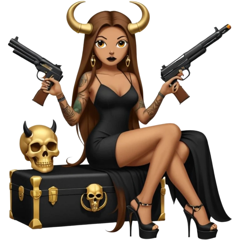 Sensual woman long brown straight haired sexy drug lord woman with tattoos on arm sleeves and black thick butt platform high heels on her feet, and devil black horns on her head, she is holding a skull head and a gun. Sitting on gold cases full of gold , long black dress with sexy slit emoji