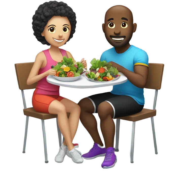 emoji Sporty white couple, man and woman in sportswear, sitting at Christmas holiday dinner table only salads emoji