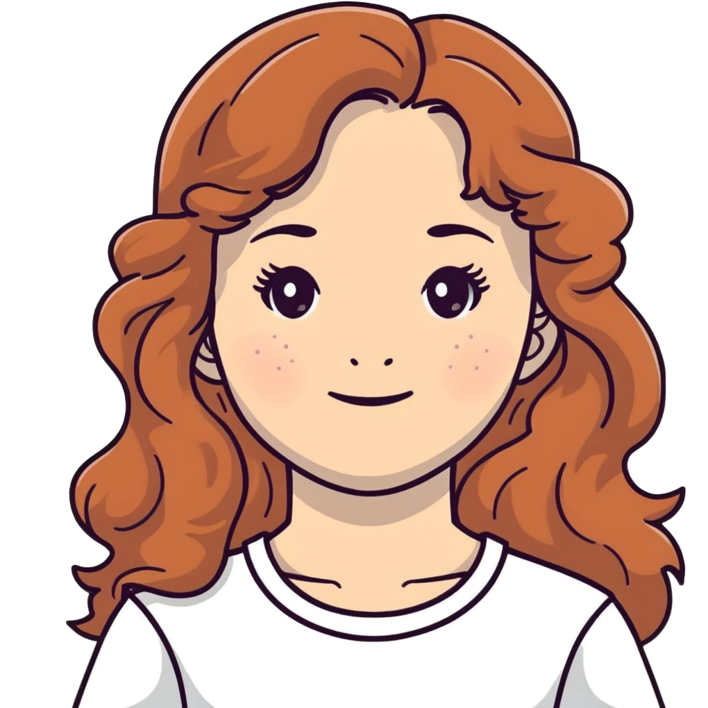 adolescent girl with long wavy hair, freckles, long eyelashes, white top emoji