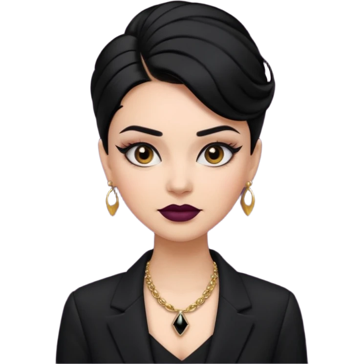 “Emoji girl, sculpted contour, bold dark lipstick, defined brows, sharp eyeliner, sleek black hair updo, statement necklace, black blazer.” emoji