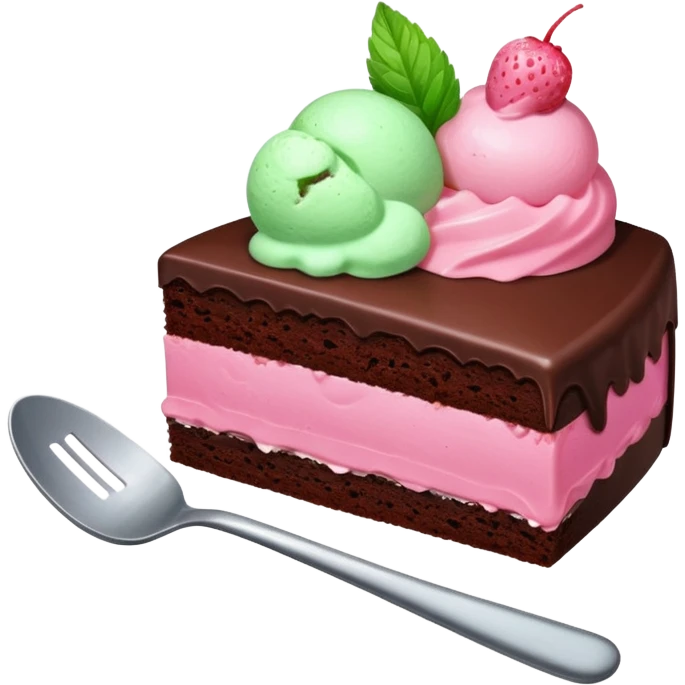 Slice of chocolate cake with strawberry icing and a scoop of mint ice cream on the side emoji
