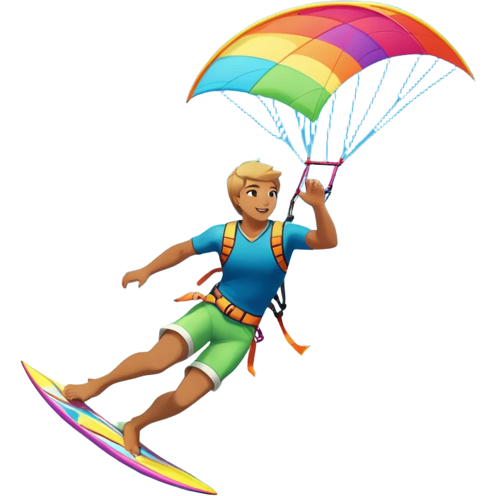 A kitesurfer soaring through the sky, harnessing the wind on a bright, colorful kite. The scene shows the surfer gliding over the water with the kite above, emphasizing the freedom, speed, and thrill of the sport in a dynamic coastal setting. emoji