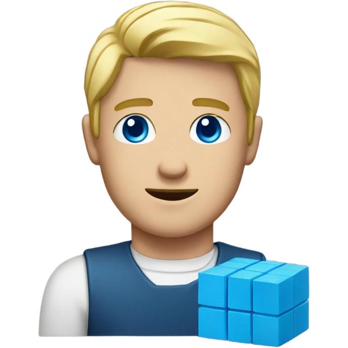 Blonde man with blue eyes holding a small blue brick emoji