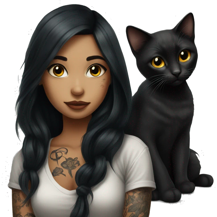beautiful girl with tattoos, with long black hair, with black cat emoji