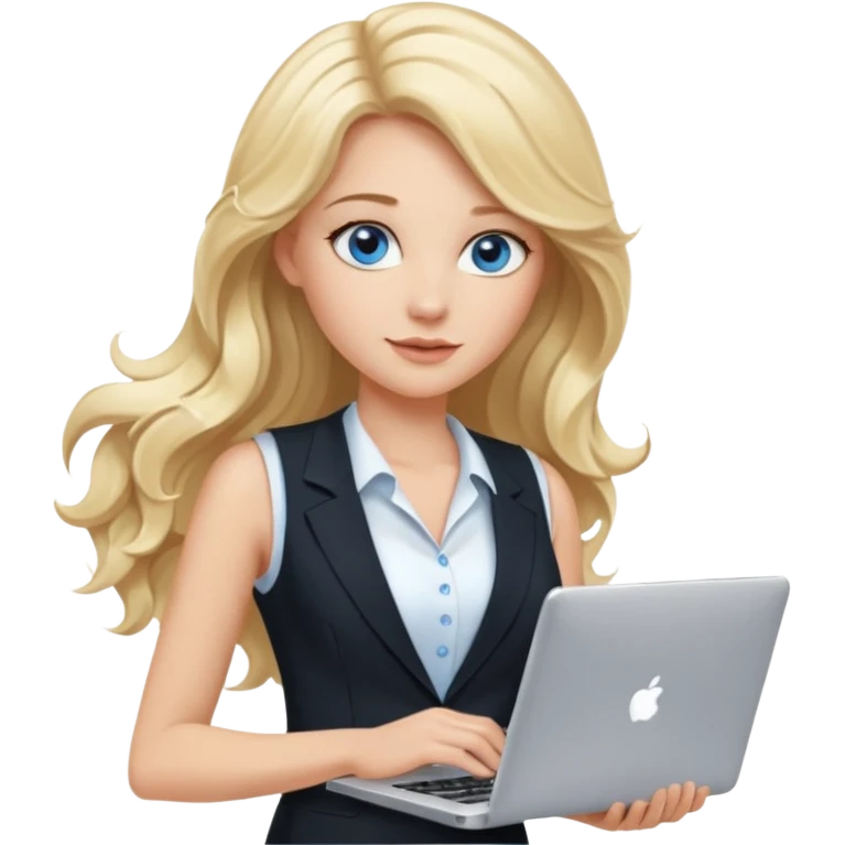 3D Apple-style emoji of a blonde woman whits long wavy hair, with bright blue eyes,
wearing a white sleeveless top,
holding a silver laptop,
clean white background, smooth rounded design
black suite emoji