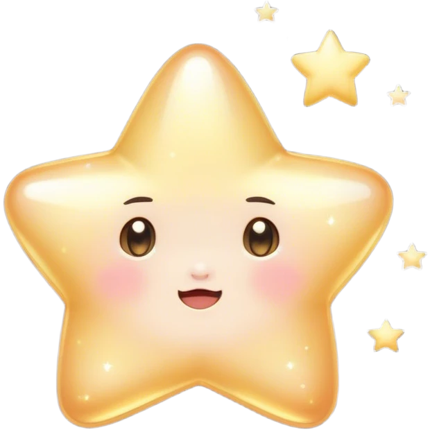 Cinematic cute sparkling star, chubby rounded edges, golden glow, tiny blushing cheeks, warm and gentle shine, twinkling softly in a pastel night sky. emoji