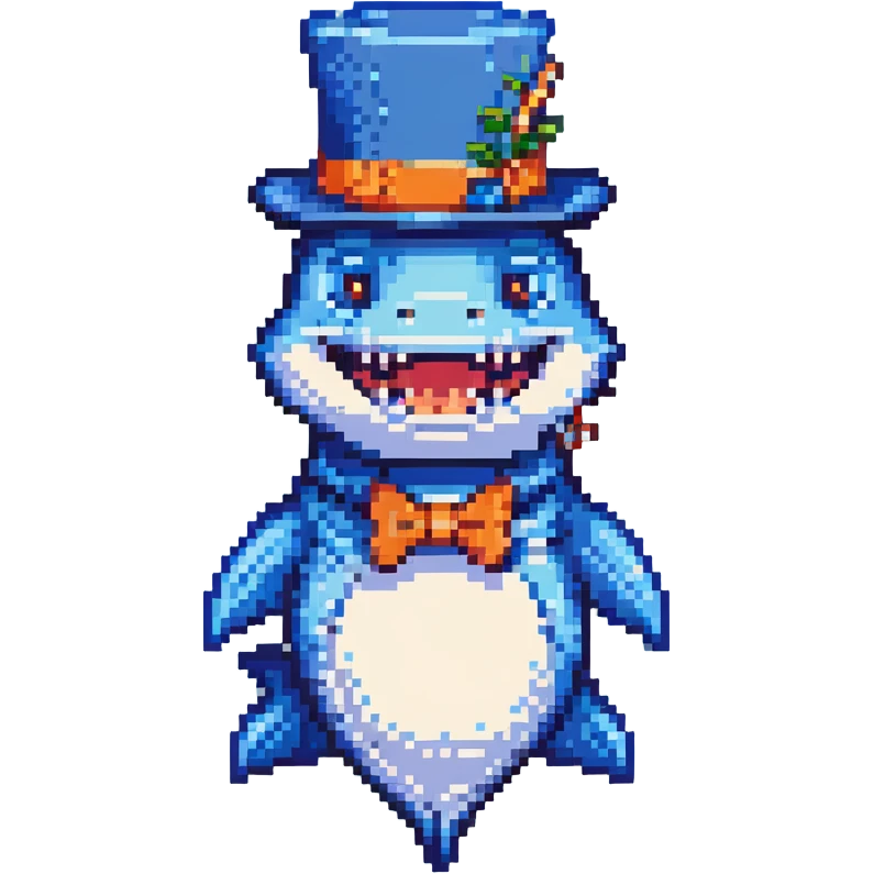 pixel art shark with blue tophat smiling emoji