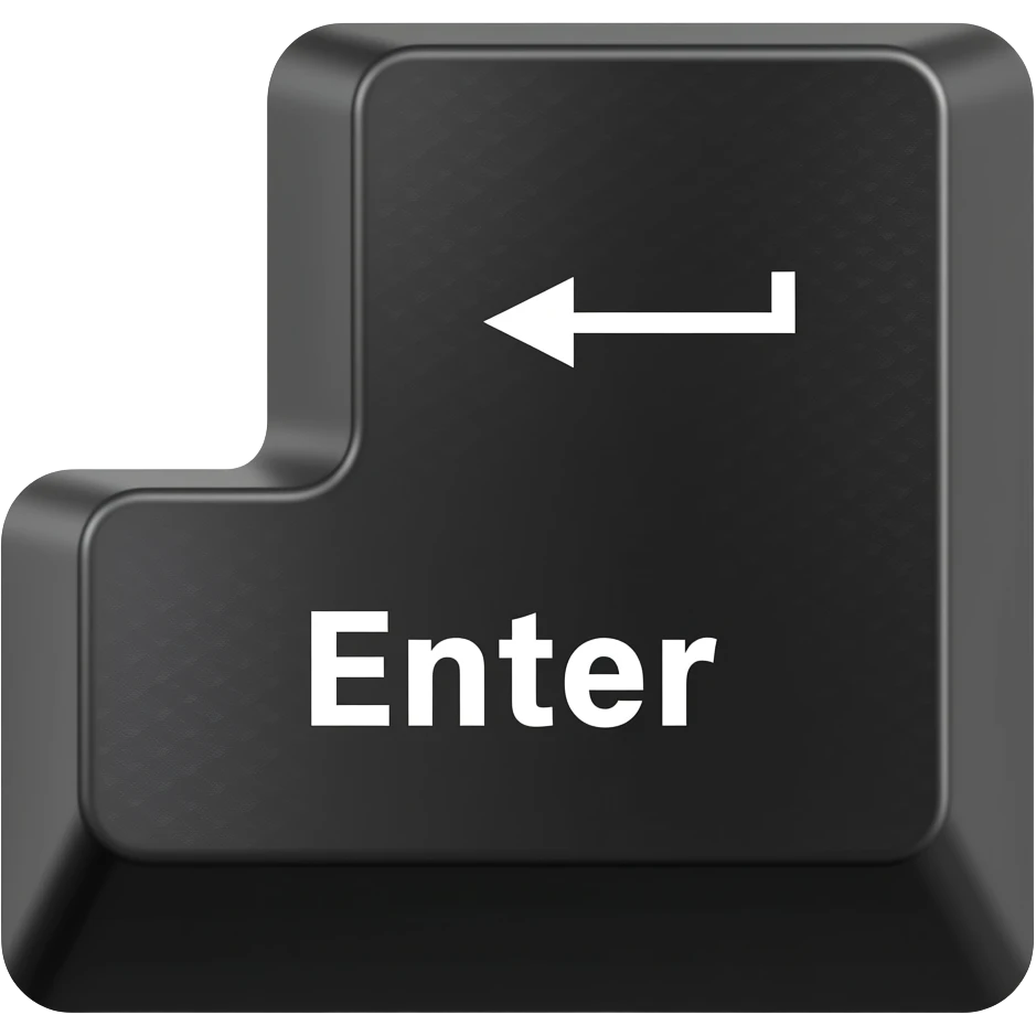 Glossy black L-shaped Enter keycap with a delicious candy-jelly texture. White "Enter" text and return arrow. 3D emoji style, white background. emoji