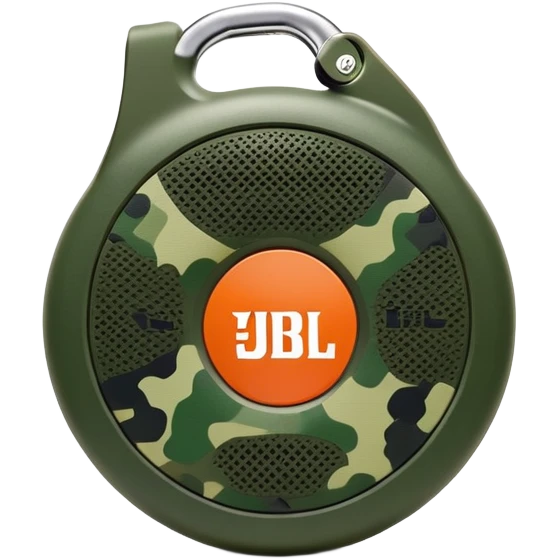 Simple JBL Clip 4 speaker with round body, built-in carabiner, green camo pattern, and JBL logo on front, iOS emoji style emoji