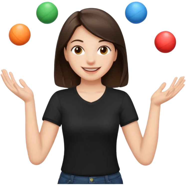 a brunette girl in a black shirt is  juggling  with two hands  emoji