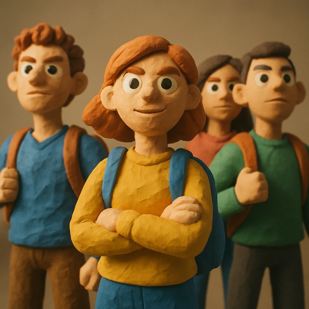 group of confident students standing tall, looking heroic emoji