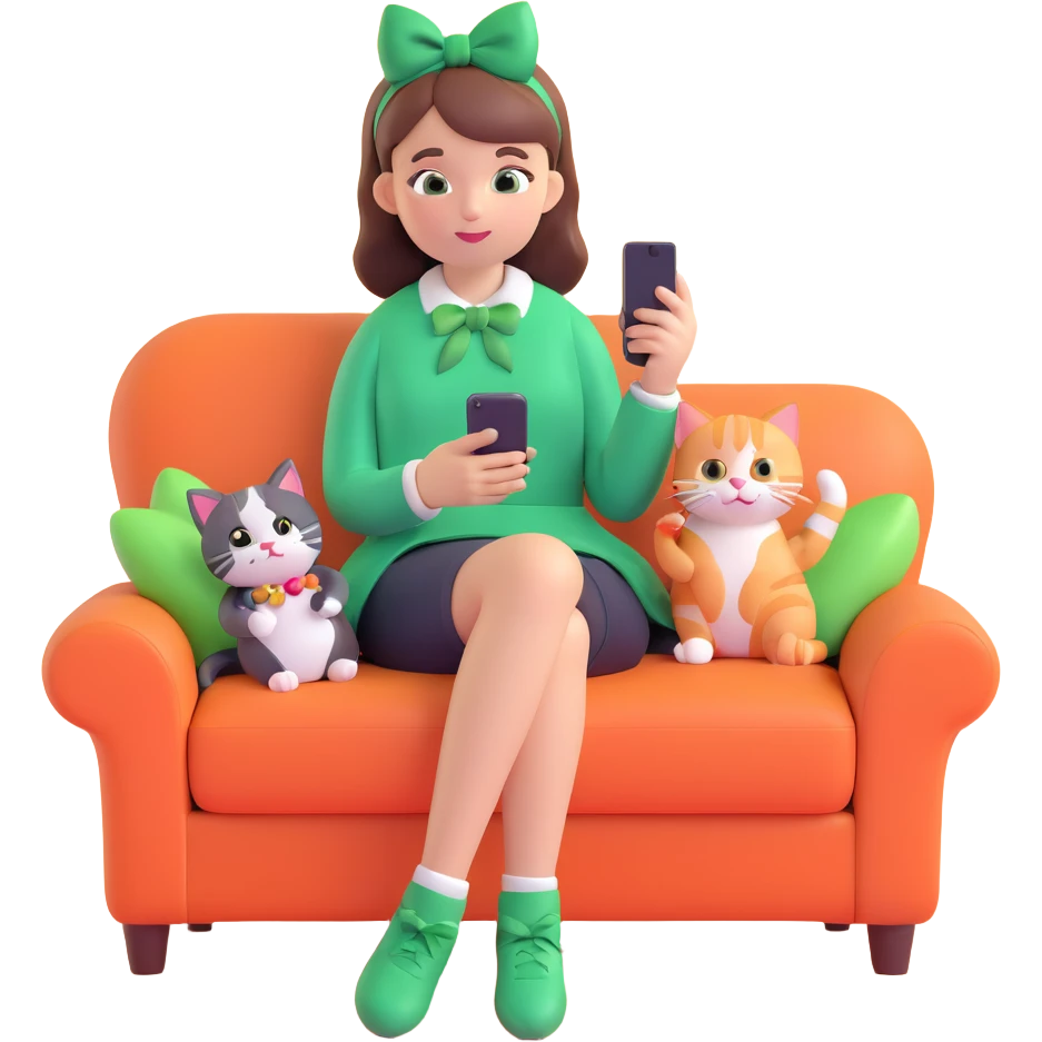 A girl sitting on a couch with a cat, holding a smartphone, with a green bow on her head, surrounded by candy, in a warm, cozy setting. emoji