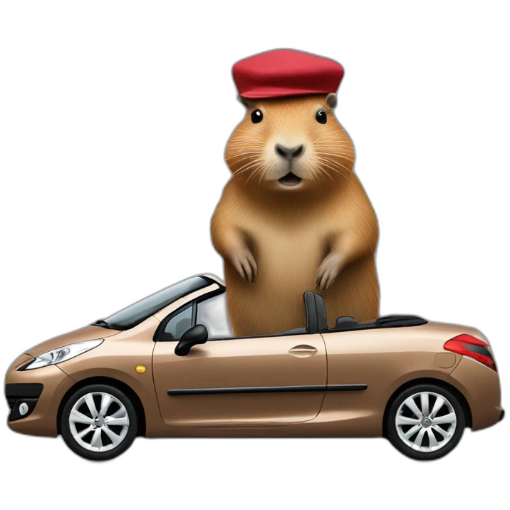 capybara with a beret driving a peugeot 207 coupé cabriolet emoji