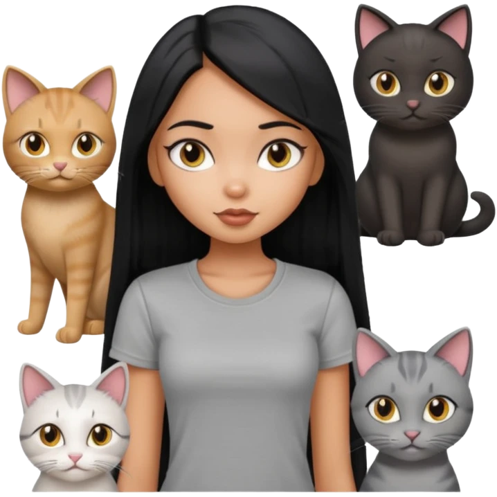 a pretty bratz dusky girl with long straight hair with four cats nd wearing a grey tshirt emoji