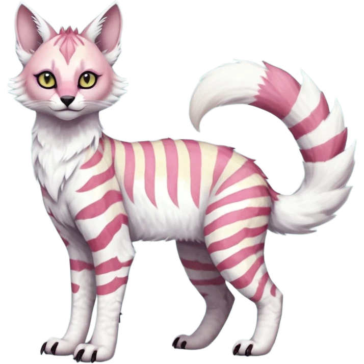 Colorful tropical tribal pale light fruity pastel white glorious iridescent divine exotic cute albino neon vibrant zigzagged cool beautiful fantasy-caracal-civet-genet-sergal-vernid-Gryphon-Cacomistle-Trico-oncilla-animal-Fakémon-hybrid-fursona (full body), facial markings,  emoji