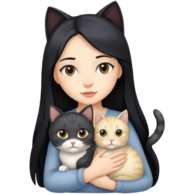 Beautiful girl with long black hair holding a gray and blonde mixed cat emoji