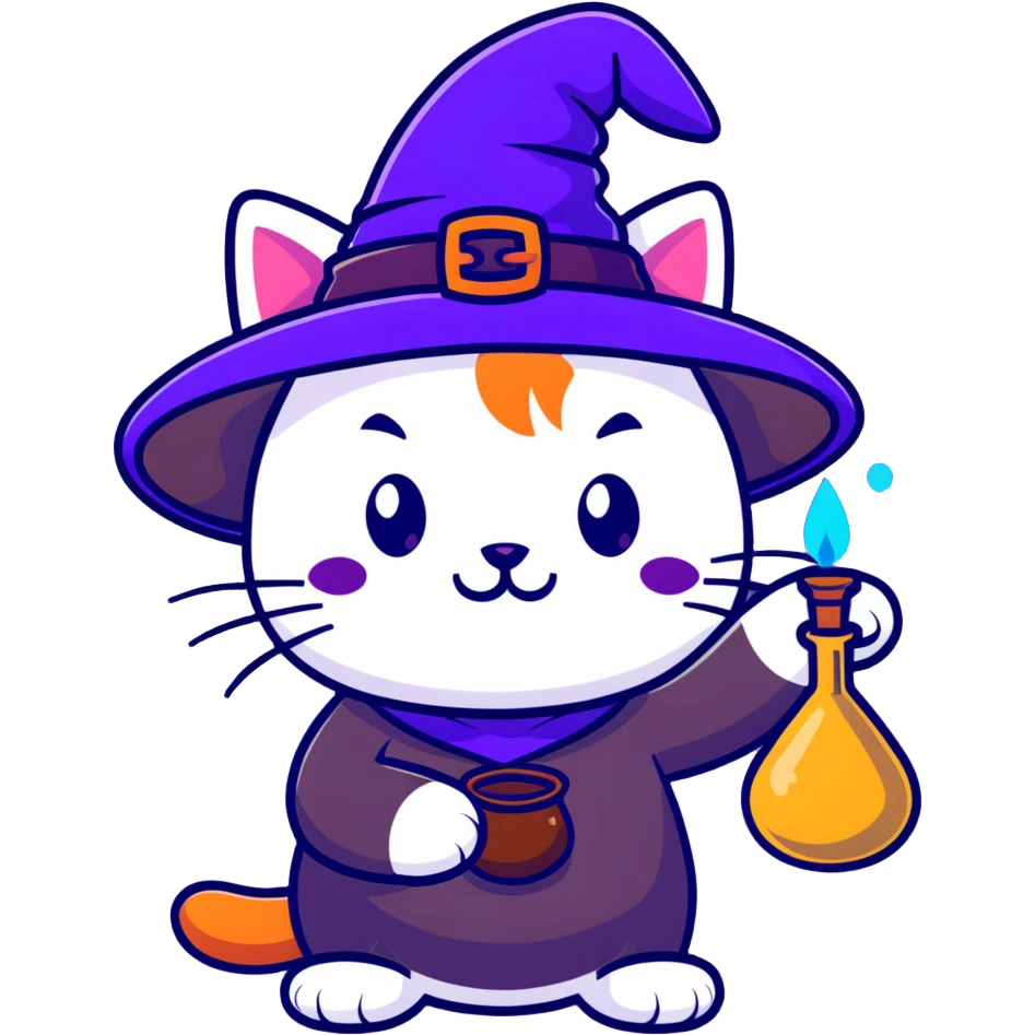 mystical cat with magic potion and witch hat emoji