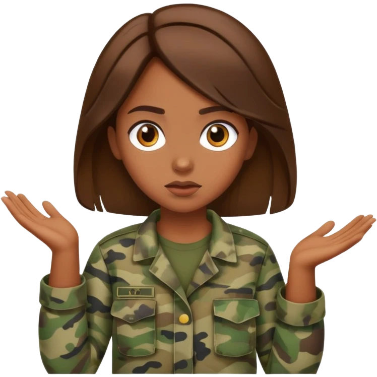 brown-skinned girl in camouflage, brown hair, shrugging emoji
