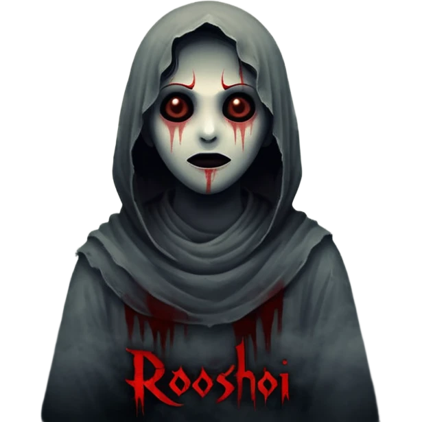 Dark horror wallpaper, 1080x2400, smoky grey charcoal background, subtle eerie light, misty fog, floating dust ("dhoasha dhoasha"), centered text "ROJONI" in distressed horror font, faint red smears, cinematic grain, spooky vibe --ar 9:20 --v 5 emoji