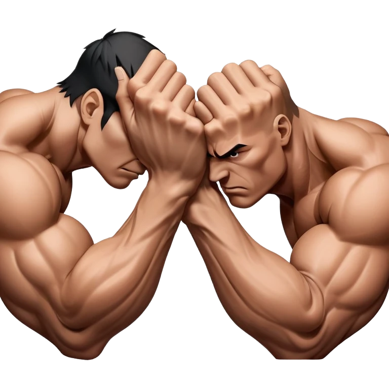 Two hands locked in an intense arm wrestling match, muscles straining as they battle for dominance. The background is minimal, focusing on the power and tension of the gripping hands, showcasing strength and determination. Transparent background. emoji