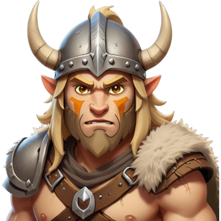 Clash of Clans aesthetic: Cinematic Fierce Barbarian Portrait Emoji, Poised and bold with a rugged yet cartoonish build in tattered furs and a horned helmet, expressive bright eyes and a confident smirk, Simplified yet dynamic features, highly detailed, glowing with a vivid, adventurous aura, high shine, heroic and spirited, stylized with an air of medieval warrior charm, focused and energetic, soft glowing outline, capturing the essence of a fearless barbarian adventurer ready to lead his clan with spirited valor! emoji