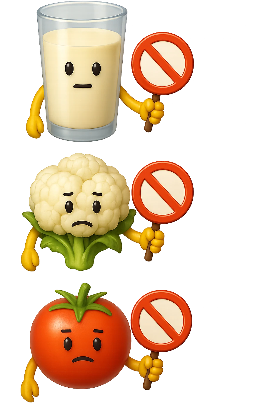 emoji stile iphone di un BICCHIERE DI LATTE CAVOLFIORE E POMODORO CHE FLUTTUANO IN ARIA VERTICALMENTE CON DIVIETI IN MANO, iperrealistico 4k, isolato su sfondo bianco emoji