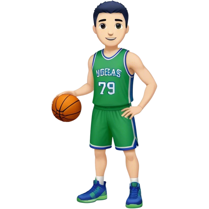 Full Body heavy white male with dark short spike hair basketball player wearing blue green uniform smiling emoji