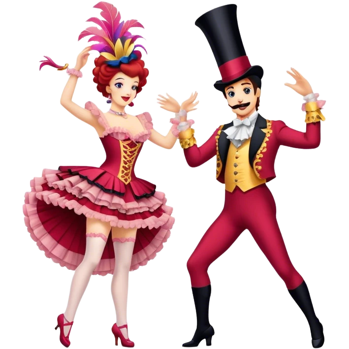 Cinematic Realistic scene of two performers executing a high‑energy Can‑Can, adorned in elaborate French cabaret costumes with frilly layers and dynamic movement, illuminated by vibrant stage lighting emoji