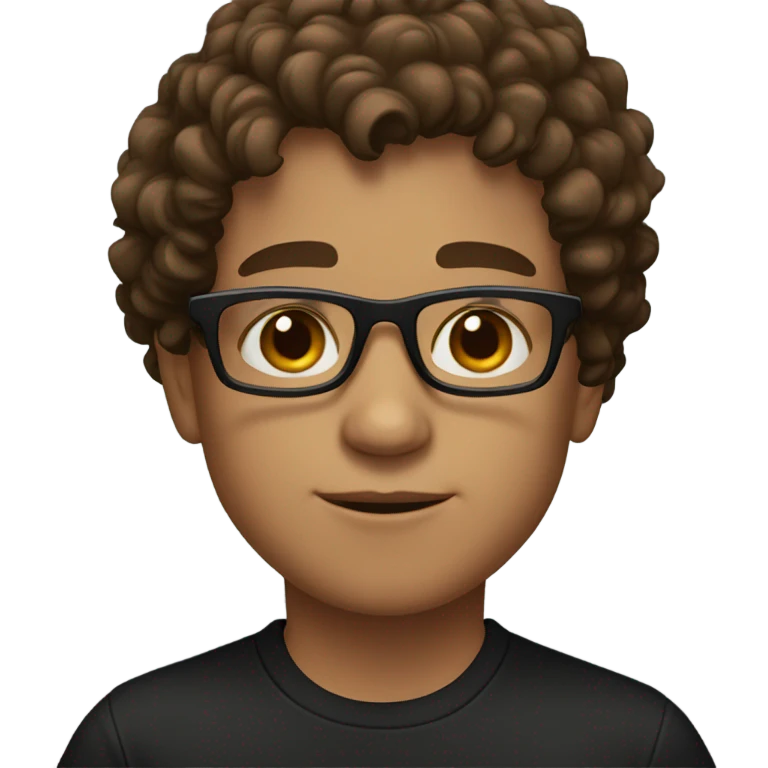 A boy with brown curly hair and black glasses with brown eyes and a black shirt emoji