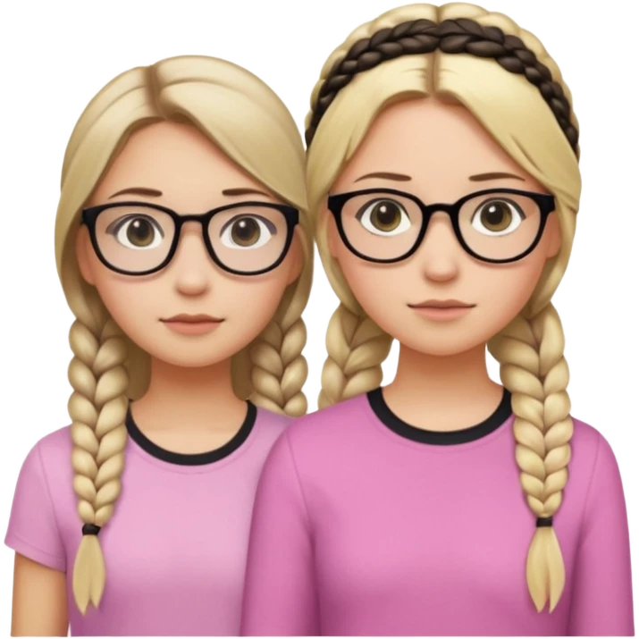 Two girls a taller girl with a black shirt and glasses dirty blonde long hair in a braid and eyeliner, second shorter girl with light blonde shoulder length straight hair with a side part and a pastel pink shirt emoji