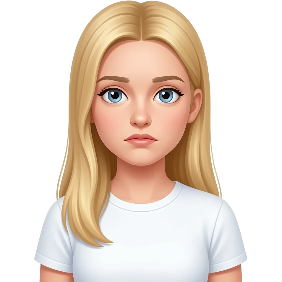 bella ragazza russa bionda capelli lisci lunghi e occhi chiari, con maglietta bianca e annoiata emoji