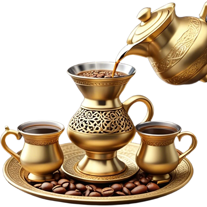 A traditional Arabic coffee scene featuring an ornate dallah (Arabic coffee pot) pouring steaming golden gahwa into beautifully decorated cups. Scattered coffee beans add an authentic touch, while a bowl of rich, dark dates sits in the background, symbolizing hospitality and tradition. emoji